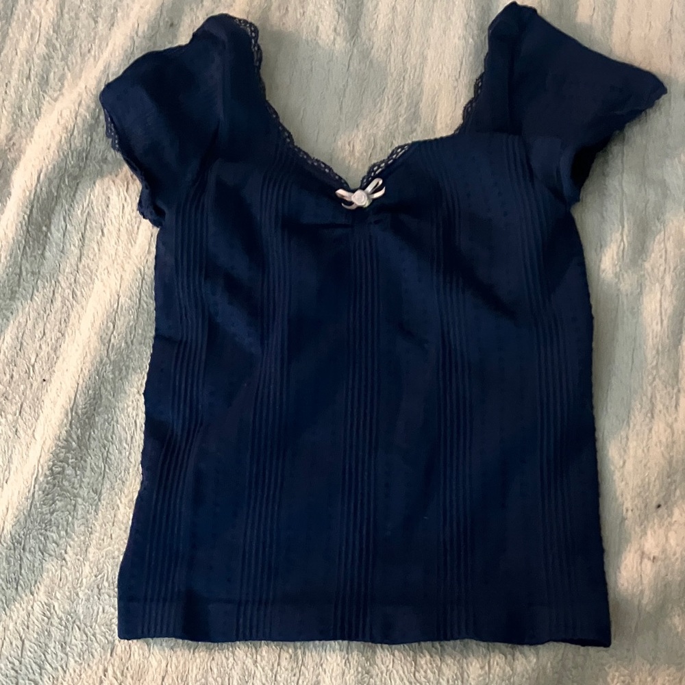 Chic Navy Blue Lace Trim Women's Blouse